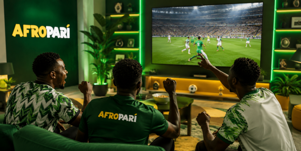 Three friends watching a football match on a large television